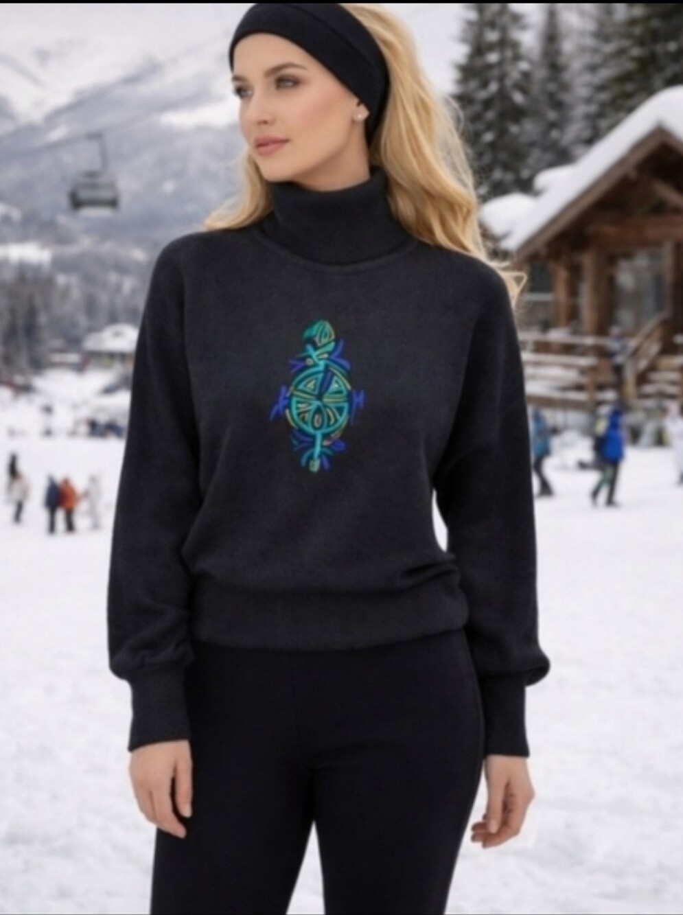 vtg Ski Sweater Black Turtleneck Sweater  Embroidered Design By Tyrolia Sz L
